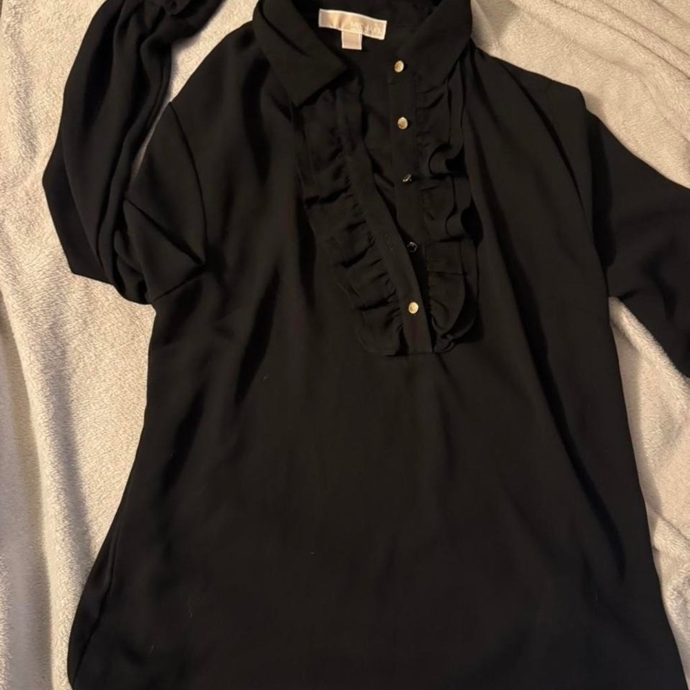 Michael Kors Black Ruffle Front Long Sleeve Blouse Gold Button Top Womens Medium